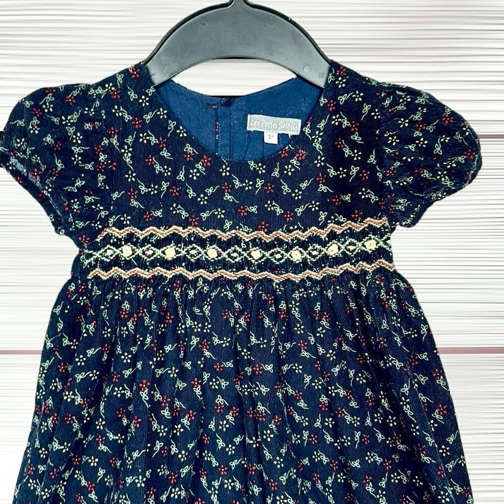 Les Petits Soleils Smocked Dress Cotton Corduroy Navy Blue Short Sleeve size 3